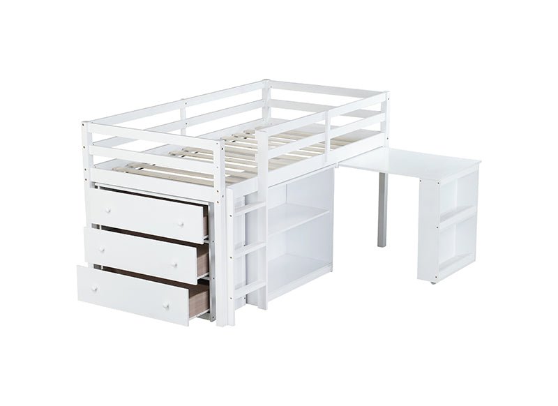 Bellemave® Twin Size Rubber Wood Loft Bed with Stroage Case, Drawer Cabinet, Shelf Cabinet, Pulling - Out Desk,Safety Guardrail, Ladder - Bellemave