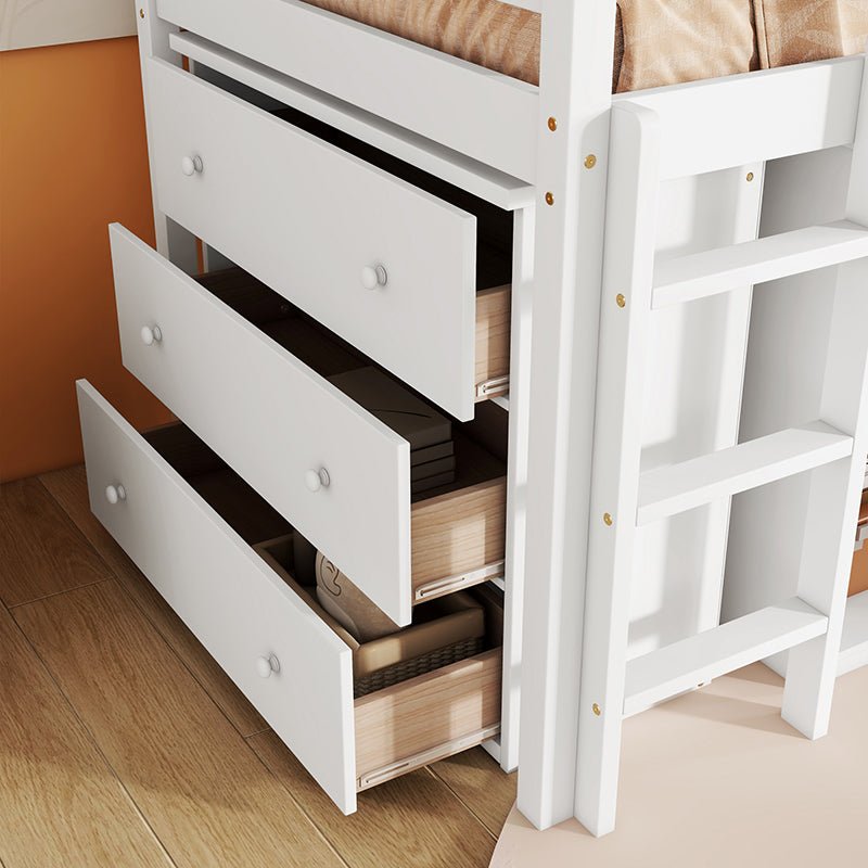 Bellemave® Twin Size Rubber Wood Loft Bed with Stroage Case, Drawer Cabinet, Shelf Cabinet, Pulling - Out Desk,Safety Guardrail, Ladder - Bellemave
