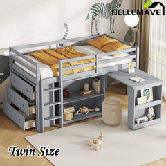 Bellemave® Twin Size Rubber Wood Loft Bed with Stroage Case, Drawer Cabinet, Shelf Cabinet, Pulling - Out Desk,Safety Guardrail, Ladder - Bellemave