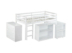 Bellemave® Twin Size Rubber Wood Loft Bed with Stroage Case, Drawer Cabinet, Shelf Cabinet, Pulling - Out Desk,Safety Guardrail, Ladder - Bellemave