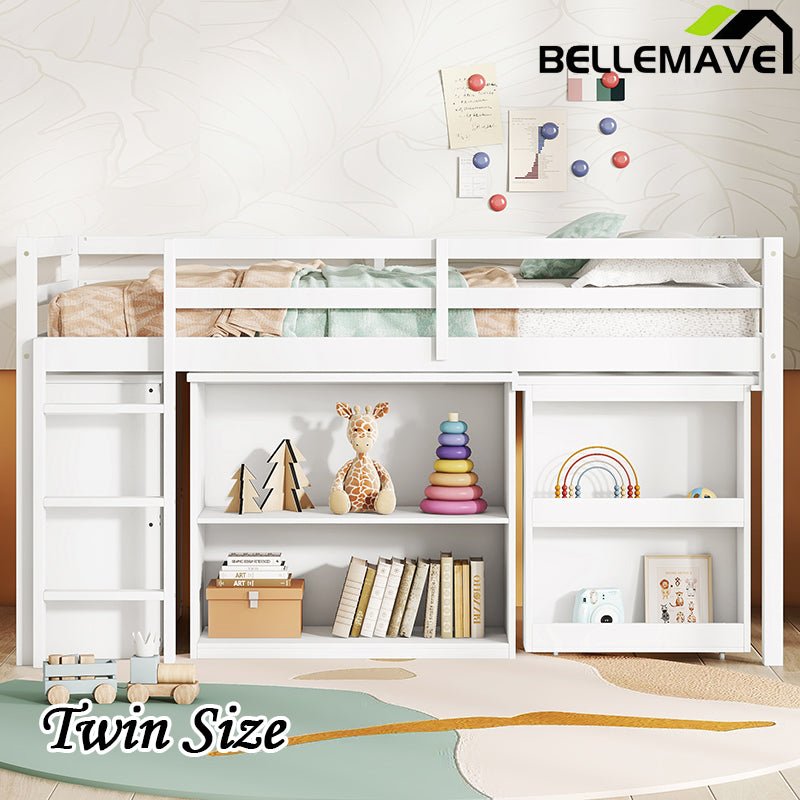 Bellemave® Twin Size Rubber Wood Loft Bed with Stroage Case, Drawer Cabinet, Shelf Cabinet, Pulling - Out Desk,Safety Guardrail, Ladder - Bellemave