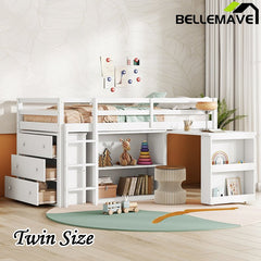 Bellemave® Twin Size Rubber Wood Loft Bed with Stroage Case, Drawer Cabinet, Shelf Cabinet, Pulling - Out Desk,Safety Guardrail, Ladder - Bellemave