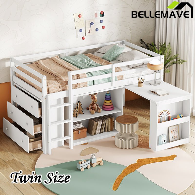 Bellemave® Twin Size Rubber Wood Loft Bed with Stroage Case, Drawer Cabinet, Shelf Cabinet, Pulling - Out Desk,Safety Guardrail, Ladder - Bellemave