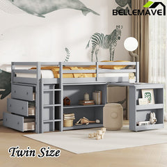 Bellemave® Twin Size Rubber Wood Loft Bed with Stroage Case, Drawer Cabinet, Shelf Cabinet, Pulling - Out Desk,Safety Guardrail, Ladder - Bellemave