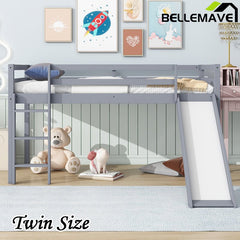 Bellemave® Twin Size Rubber Wood Low Loft Bed with Slide, Ladder, Safety Guardrails - Bellemave
