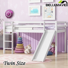 Bellemave® Twin Size Rubber Wood Low Loft Bed with Slide, Ladder, Safety Guardrails - Bellemave