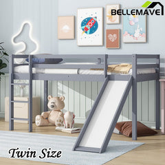 Bellemave® Twin Size Rubber Wood Low Loft Bed with Slide, Ladder, Safety Guardrails - Bellemave