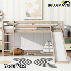 Bellemave® Twin Size Rubber Wood Low Loft Bed with Slide, Ladder, Safety Guardrails - Bellemave