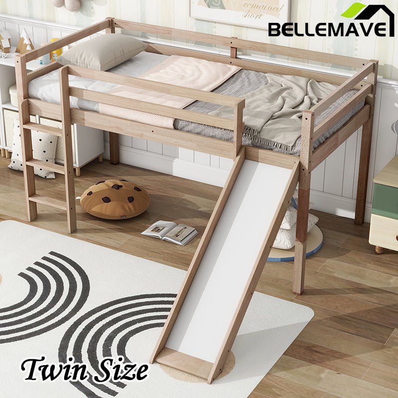 Bellemave® Twin Size Rubber Wood Low Loft Bed with Slide, Ladder, Safety Guardrails - Bellemave