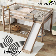 Bellemave® Twin Size Rubber Wood Low Loft Bed with Slide, Ladder, Safety Guardrails - Bellemave