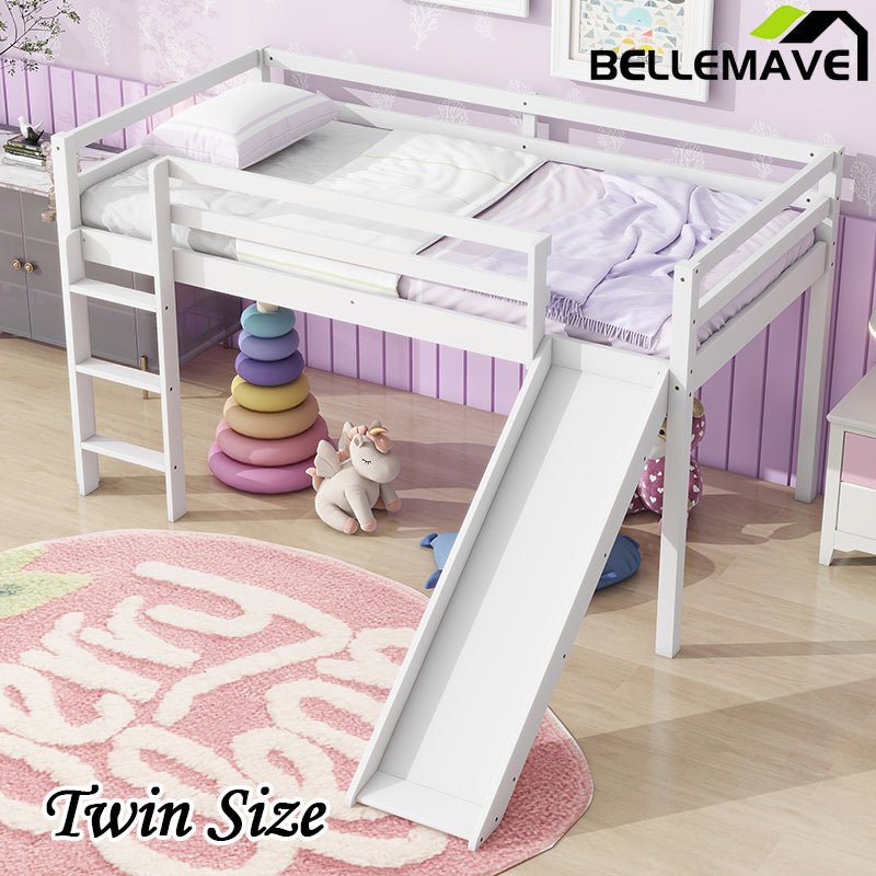 Bellemave® Twin Size Rubber Wood Low Loft Bed with Slide, Ladder, Safety Guardrails - Bellemave