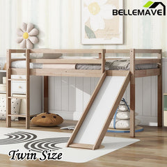 Bellemave® Twin Size Rubber Wood Low Loft Bed with Slide, Ladder, Safety Guardrails - Bellemave