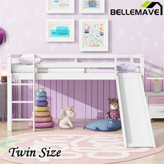 Bellemave® Twin Size Rubber Wood Low Loft Bed with Slide, Ladder, Safety Guardrails - Bellemave