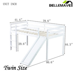 Bellemave® Twin Size Rubber Wood Low Loft Bed with Slide, Ladder, Safety Guardrails - Bellemave