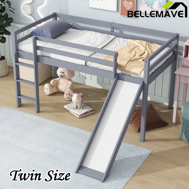 Bellemave® Twin Size Rubber Wood Low Loft Bed with Slide, Ladder, Safety Guardrails - Bellemave