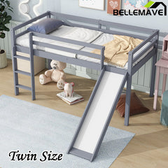 Bellemave® Twin Size Rubber Wood Low Loft Bed with Slide, Ladder, Safety Guardrails - Bellemave