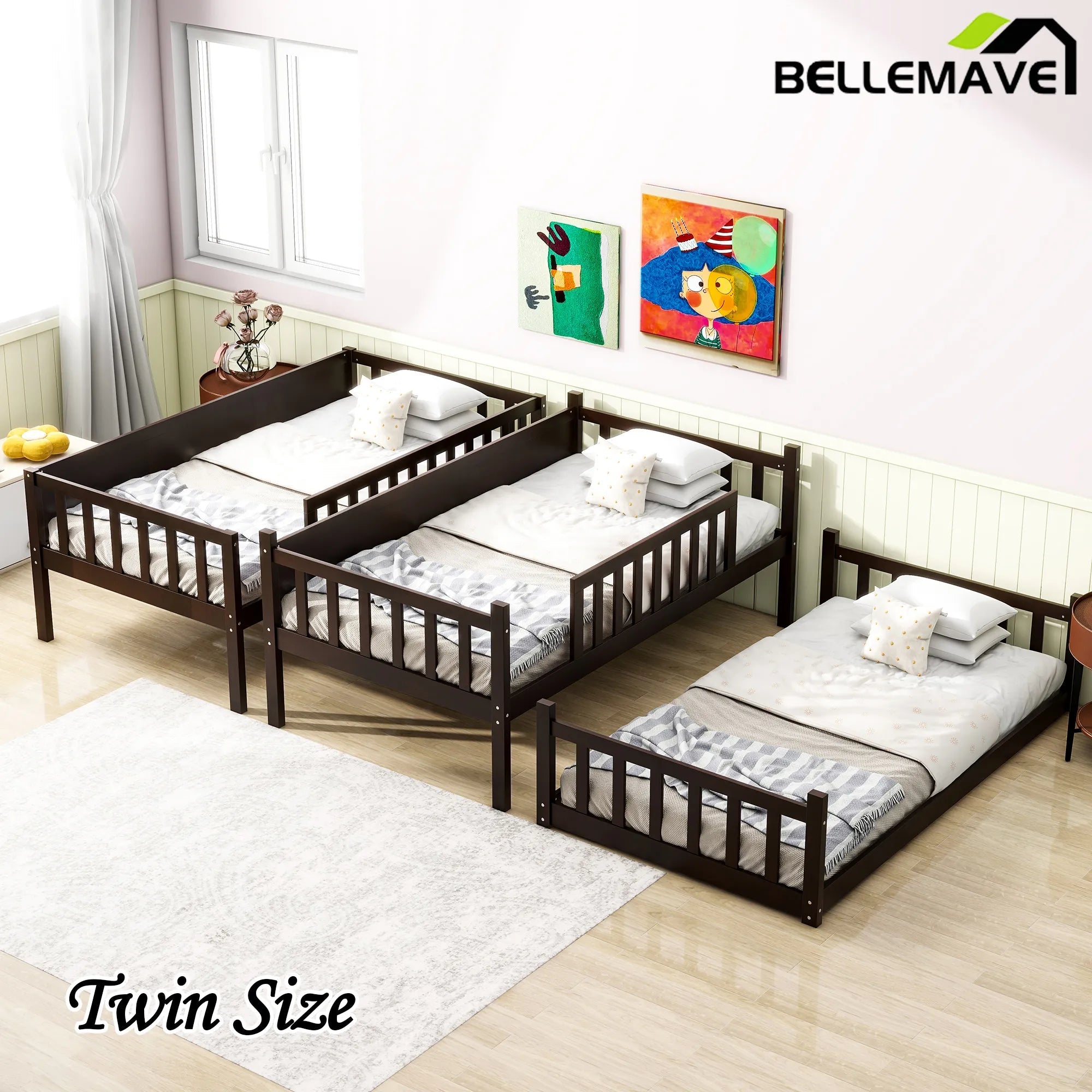 Bellemave® Twin Size Rubber Wood Triple Bunk Bed with Ladders and Guardrails(Detachable) - Bellemave