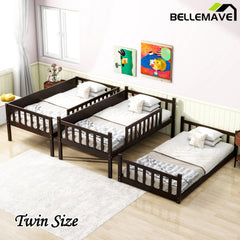 Bellemave® Twin Size Rubber Wood Triple Bunk Bed with Ladders and Guardrails(Detachable) - Bellemave