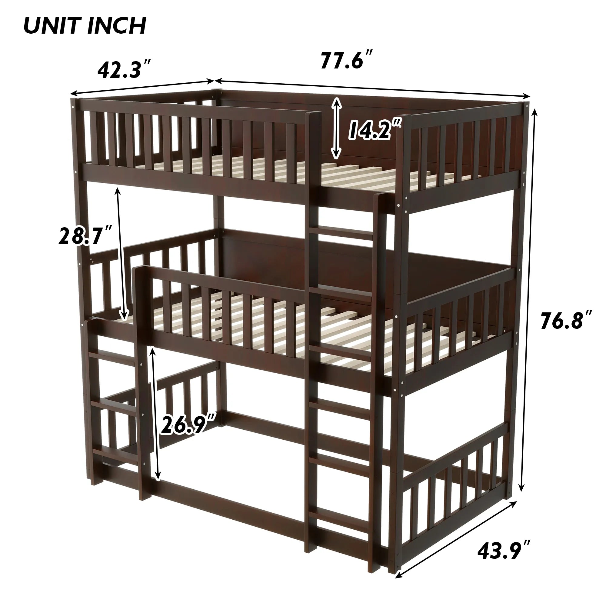 Bellemave® Twin Size Rubber Wood Triple Bunk Bed with Ladders and Guardrails(Detachable) - Bellemave