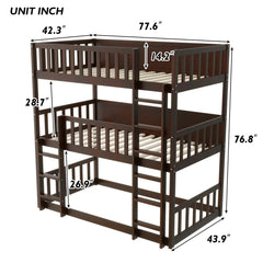 Bellemave® Twin Size Rubber Wood Triple Bunk Bed with Ladders and Guardrails(Detachable) - Bellemave
