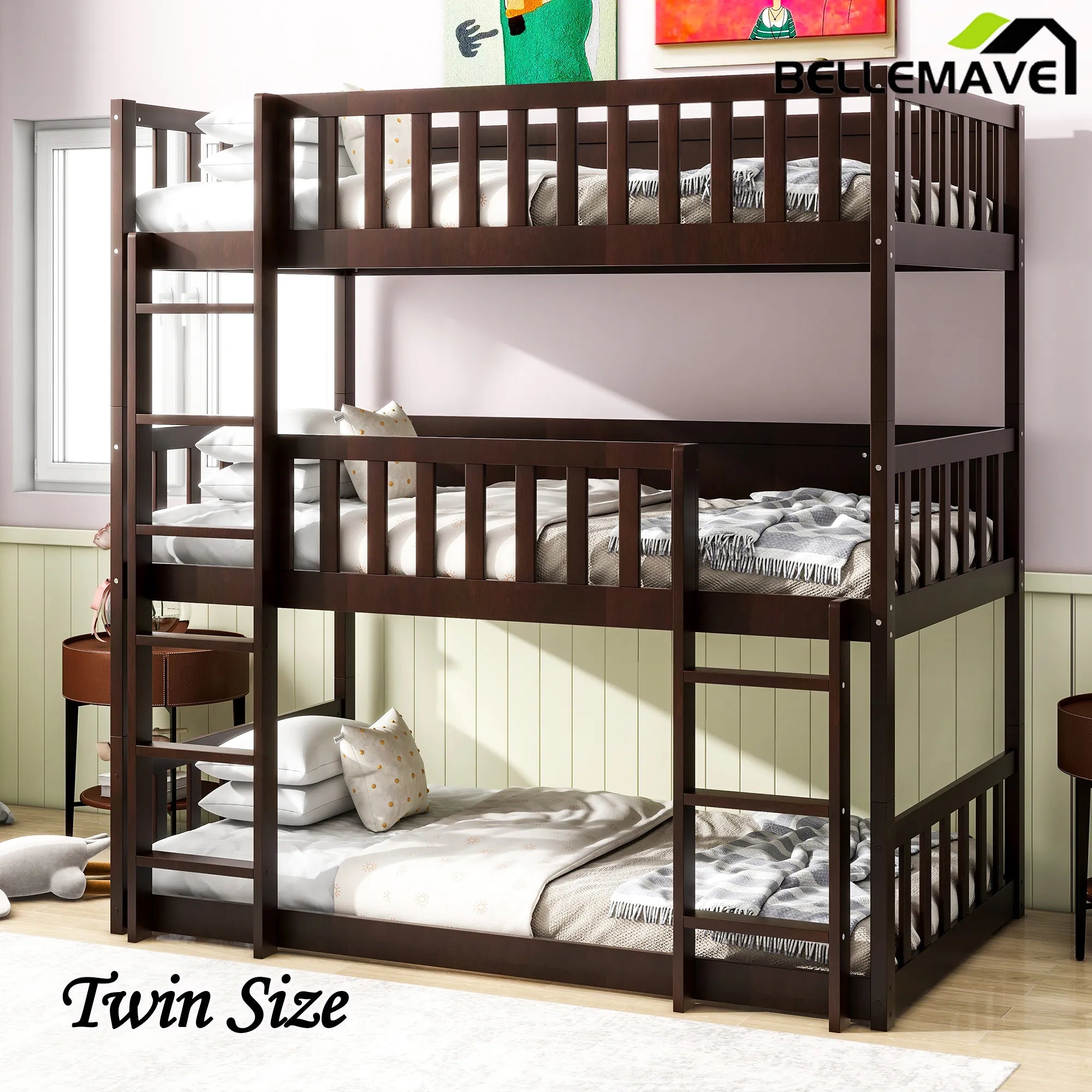 Bellemave® Twin Size Rubber Wood Triple Bunk Bed with Ladders and Guardrails(Detachable) - Bellemave