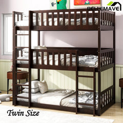 Bellemave® Twin Size Rubber Wood Triple Bunk Bed with Ladders and Guardrails(Detachable) - Bellemave