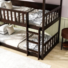Bellemave® Twin Size Rubber Wood Triple Bunk Bed with Ladders and Guardrails(Detachable) - Bellemave