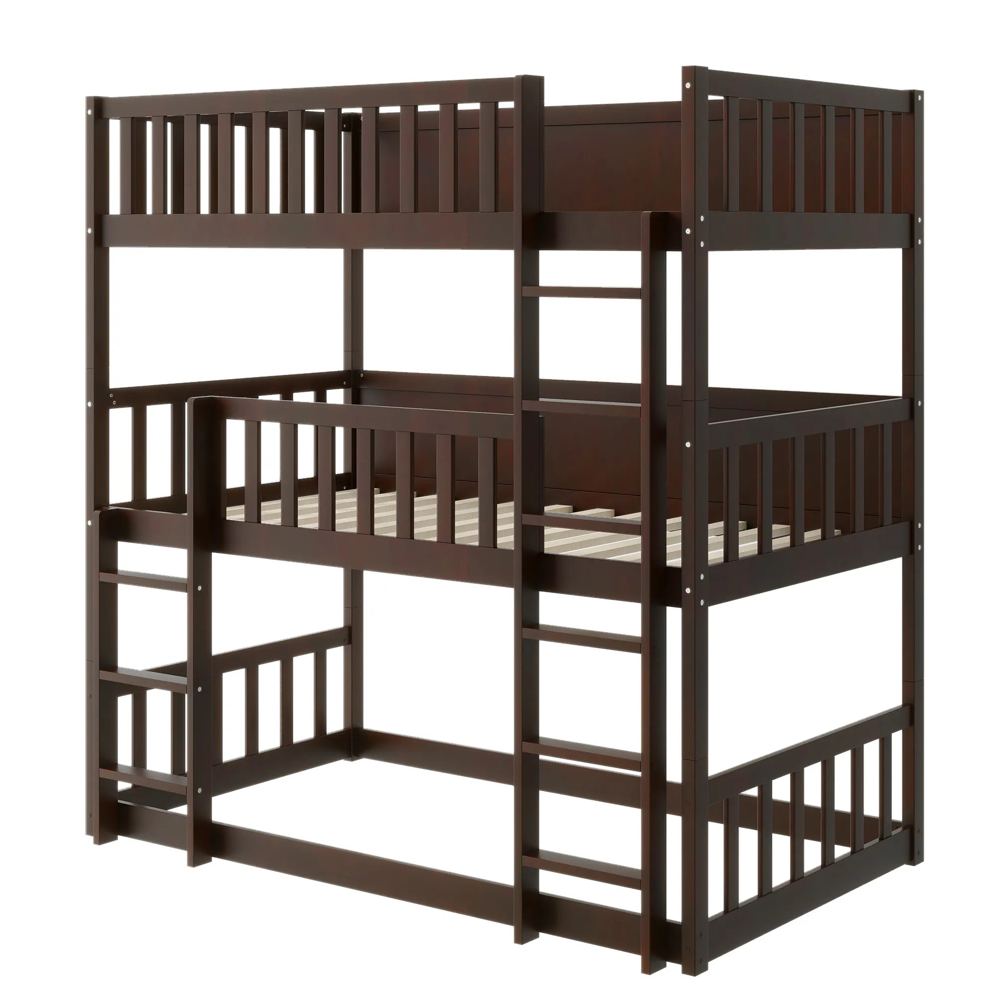Bellemave® Twin Size Rubber Wood Triple Bunk Bed with Ladders and Guardrails(Detachable) - Bellemave