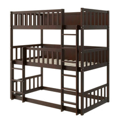 Bellemave® Twin Size Rubber Wood Triple Bunk Bed with Ladders and Guardrails(Detachable) - Bellemave