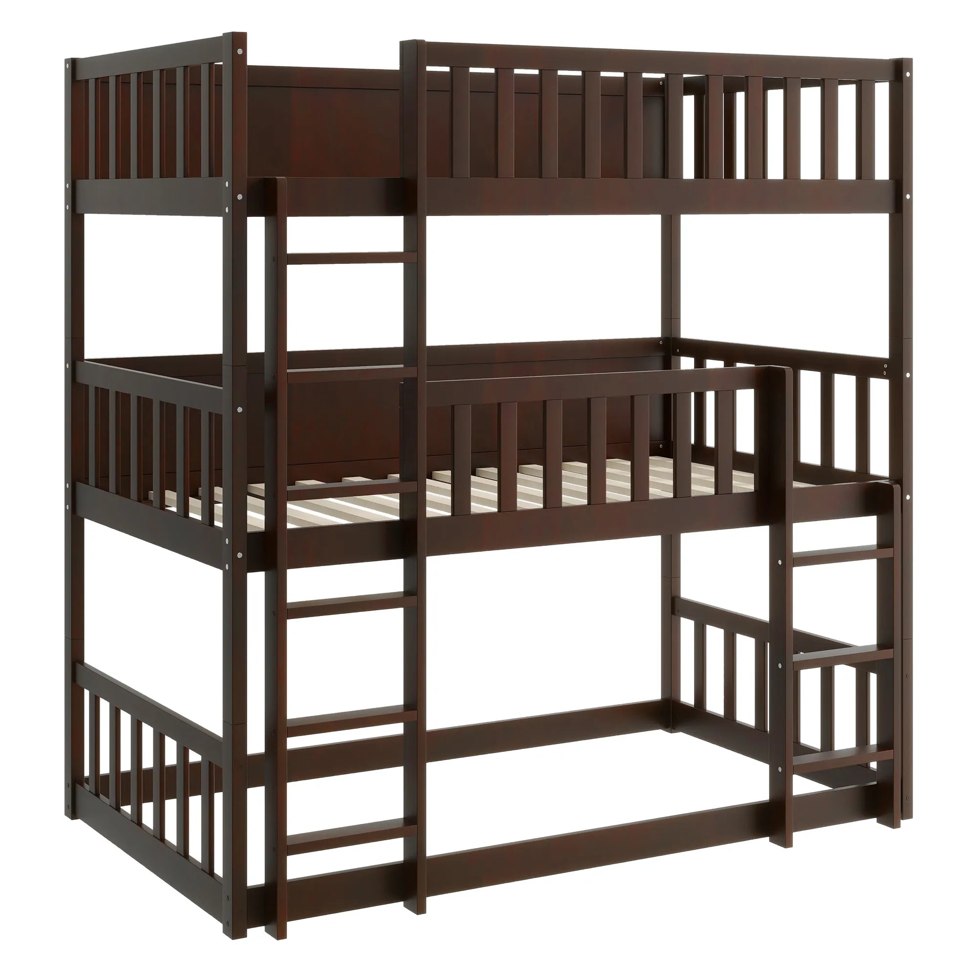 Bellemave® Twin Size Rubber Wood Triple Bunk Bed with Ladders and Guardrails(Detachable) - Bellemave