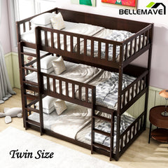 Bellemave® Twin Size Rubber Wood Triple Bunk Bed with Ladders and Guardrails(Detachable) - Bellemave