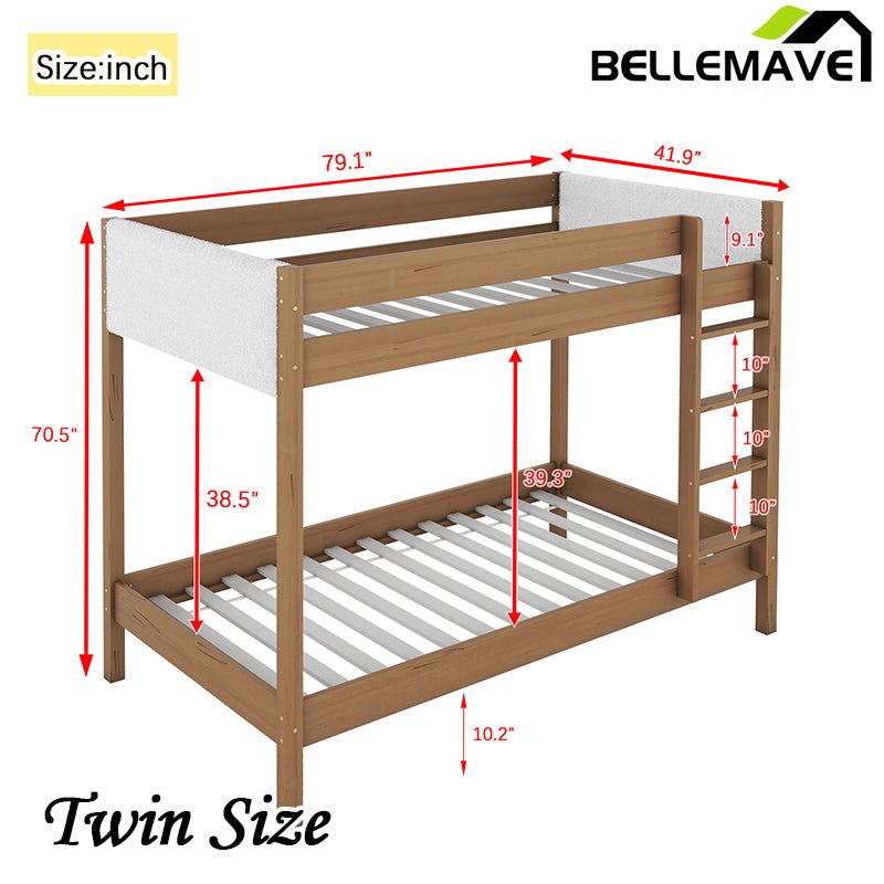 Bellemave® Twin Size Rubber Wooden Bunk Bed with Ladder, Safety Guardrails and Teddy Fleece Fabric Headboard/Footboard - Bellemave