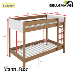 Bellemave® Twin Size Rubber Wooden Bunk Bed with Ladder, Safety Guardrails and Teddy Fleece Fabric Headboard/Footboard - Bellemave