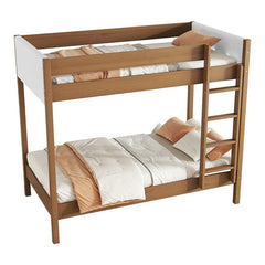 Bellemave® Twin Size Rubber Wooden Bunk Bed with Ladder, Safety Guardrails and Teddy Fleece Fabric Headboard/Footboard - Bellemave
