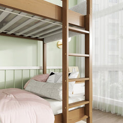 Bellemave® Twin Size Rubber Wooden Bunk Bed with Ladder, Safety Guardrails and Teddy Fleece Fabric Headboard/Footboard - Bellemave