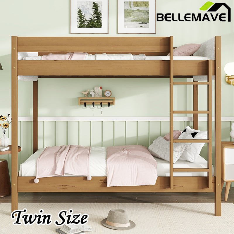 Bellemave® Twin Size Rubber Wooden Bunk Bed with Ladder, Safety Guardrails and Teddy Fleece Fabric Headboard/Footboard - Bellemave