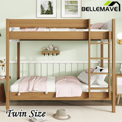 Bellemave® Twin Size Rubber Wooden Bunk Bed with Ladder, Safety Guardrails and Teddy Fleece Fabric Headboard/Footboard - Bellemave