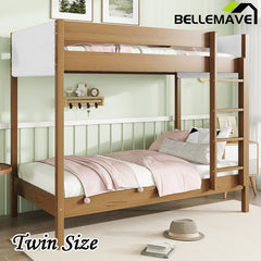 Bellemave® Twin Size Rubber Wooden Bunk Bed with Ladder, Safety Guardrails and Teddy Fleece Fabric Headboard/Footboard - Bellemave