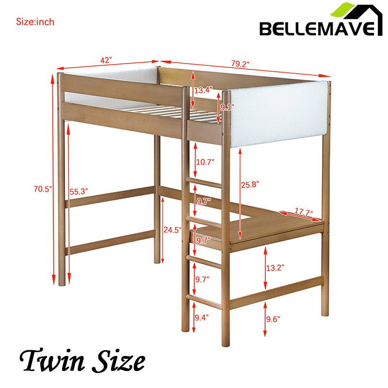 Bellemave® Twin Size Rubber Wooden Loft Bed with Desk and Ladder, Safety Guardrails and Teddy Fleece Fabric Headboard/Footboard - Bellemave