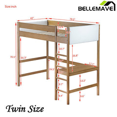 Bellemave® Twin Size Rubber Wooden Loft Bed with Desk and Ladder, Safety Guardrails and Teddy Fleece Fabric Headboard/Footboard - Bellemave