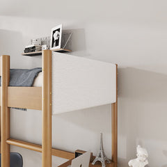 Bellemave® Twin Size Rubber Wooden Loft Bed with Desk and Ladder, Safety Guardrails and Teddy Fleece Fabric Headboard/Footboard - Bellemave