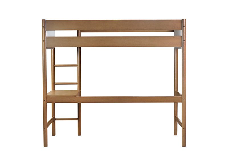 Bellemave® Twin Size Rubber Wooden Loft Bed with Desk and Ladder, Safety Guardrails and Teddy Fleece Fabric Headboard/Footboard - Bellemave