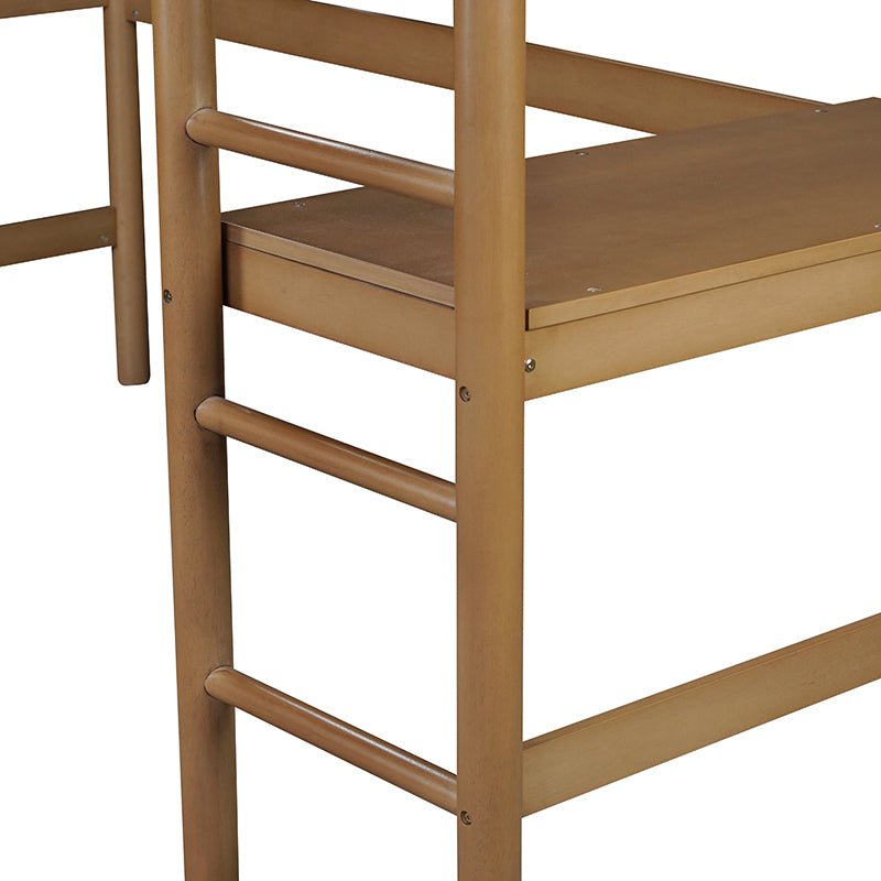 Bellemave® Twin Size Rubber Wooden Loft Bed with Desk and Ladder, Safety Guardrails and Teddy Fleece Fabric Headboard/Footboard - Bellemave