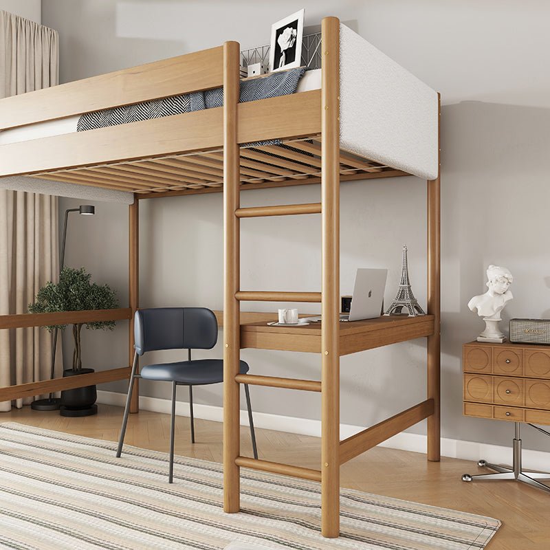 Bellemave® Twin Size Rubber Wooden Loft Bed with Desk and Ladder, Safety Guardrails and Teddy Fleece Fabric Headboard/Footboard - Bellemave