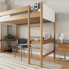 Bellemave® Twin Size Rubber Wooden Loft Bed with Desk and Ladder, Safety Guardrails and Teddy Fleece Fabric Headboard/Footboard - Bellemave
