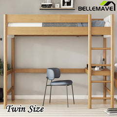 Bellemave® Twin Size Rubber Wooden Loft Bed with Desk and Ladder, Safety Guardrails and Teddy Fleece Fabric Headboard/Footboard - Bellemave