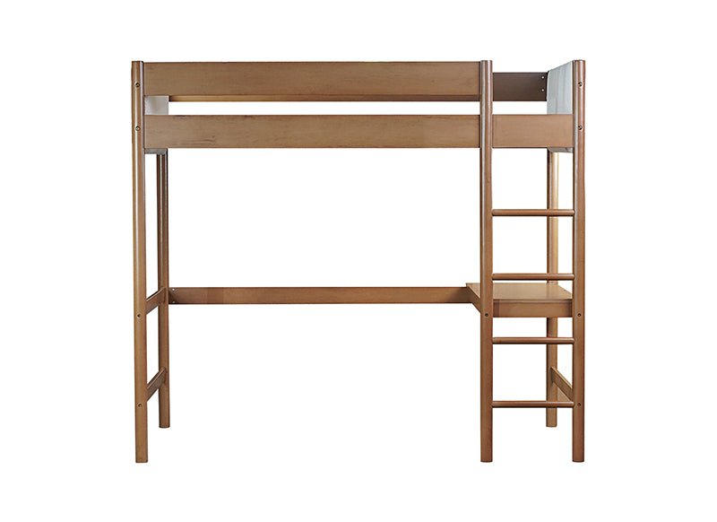 Bellemave® Twin Size Rubber Wooden Loft Bed with Desk and Ladder, Safety Guardrails and Teddy Fleece Fabric Headboard/Footboard - Bellemave