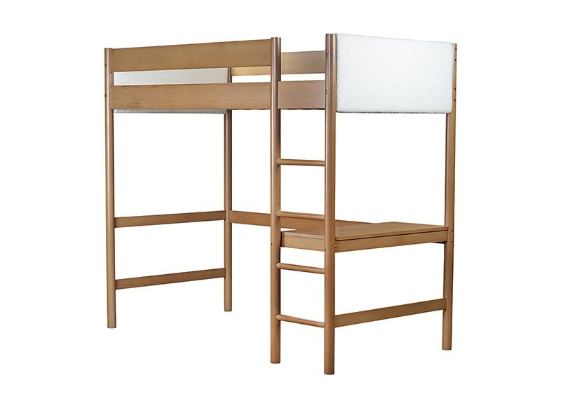 Bellemave® Twin Size Rubber Wooden Loft Bed with Desk and Ladder, Safety Guardrails and Teddy Fleece Fabric Headboard/Footboard - Bellemave