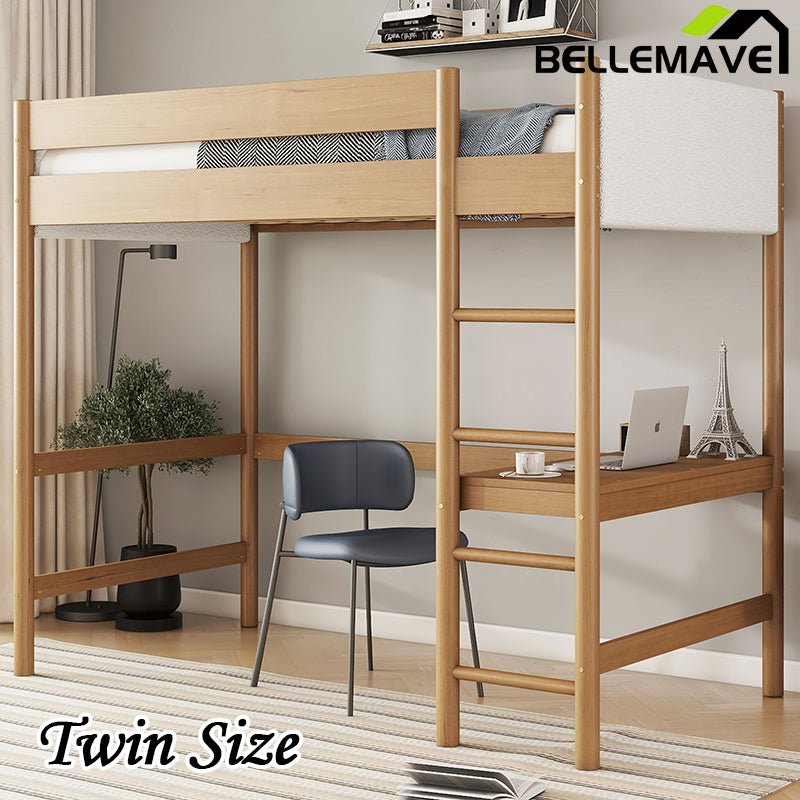 Bellemave® Twin Size Rubber Wooden Loft Bed with Desk and Ladder, Safety Guardrails and Teddy Fleece Fabric Headboard/Footboard - Bellemave