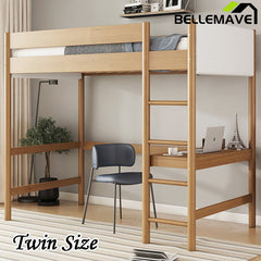 Bellemave® Twin Size Rubber Wooden Loft Bed with Desk and Ladder, Safety Guardrails and Teddy Fleece Fabric Headboard/Footboard - Bellemave